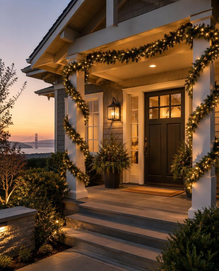 Illustration of a front porch wrapped in warm holiday lights